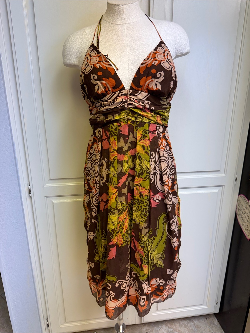 Nicole Miller Brown Halter Midi Dress with Pink & Green Floral Print